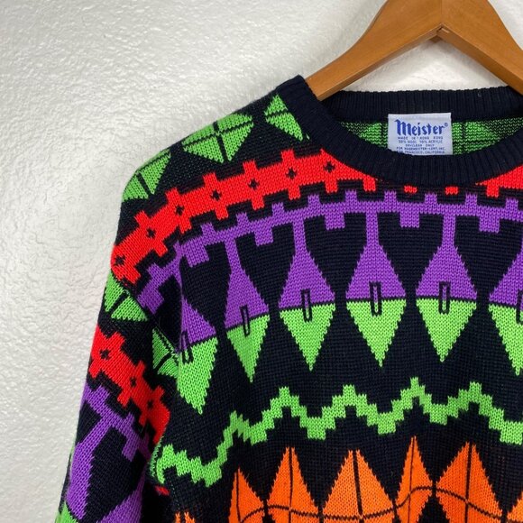 Vintage Meister Ski Sweater Wool Acrylic Geometric Neon 80's Sweater Sz S UNISEX - Picture 5 of 11